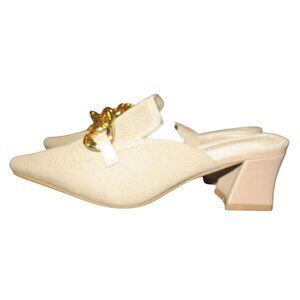 NEWBELLA Tan Mesh Chain Embellished Chunky Heeled Pointed Toe Mules